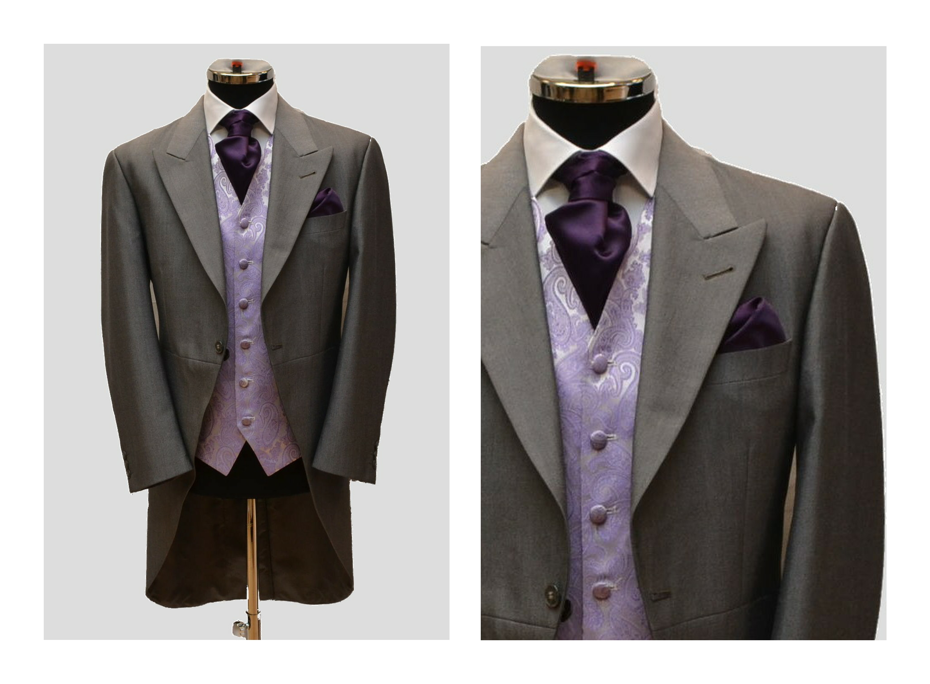 grey suit purple waistcoat